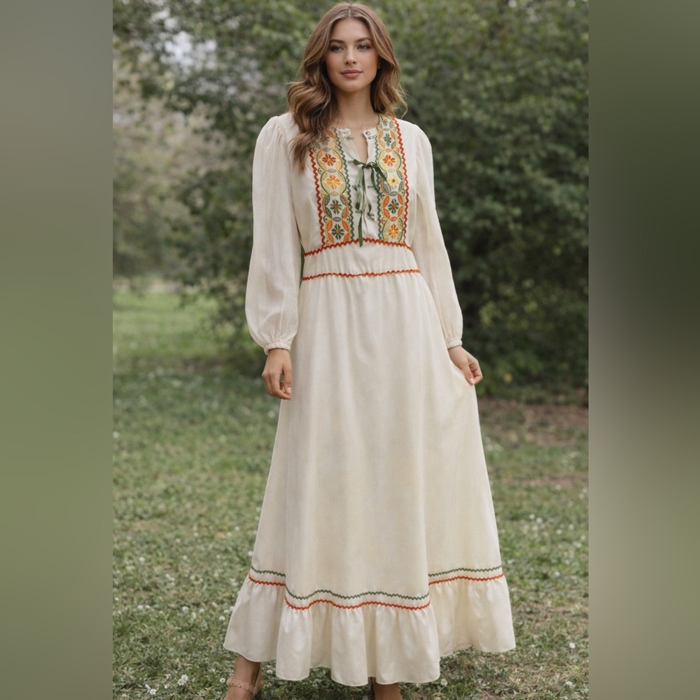 Vintage 70s Prairie Maxi Dress Embroidered Boho Cottagecore Cream Sz 12